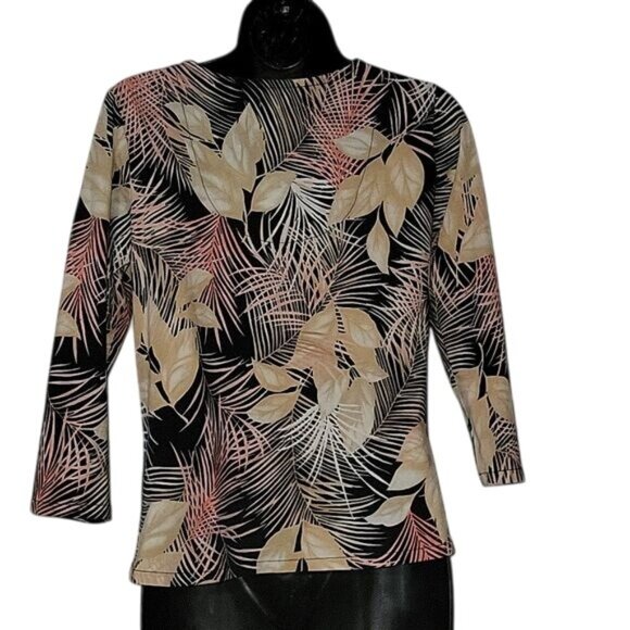 Caribbean Joe Leaf Print V-Neck‎ Stretch Top Womens Size M Black/Pink - Picture 4 of 5